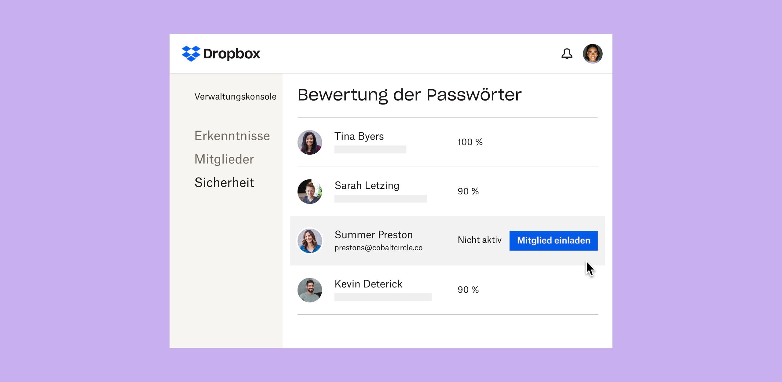 Eine Dropbox-Oberfläche mit Bewertungen der Passwörter von Einzelnutzern und einer blauen Schaltfläche „Mitglieder einladen“ neben einem inaktiven Nutzerprofil